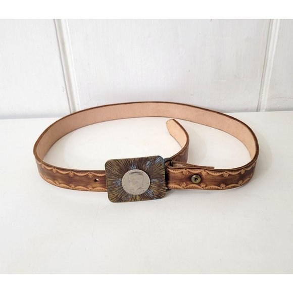 Vintage Accessories - Tooled Leather Belt with Kennedy Coin Buckle